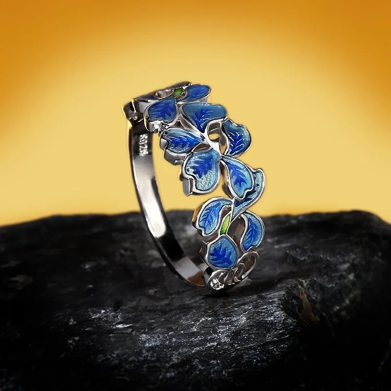 Elegant Blue Enamel Flower Ring