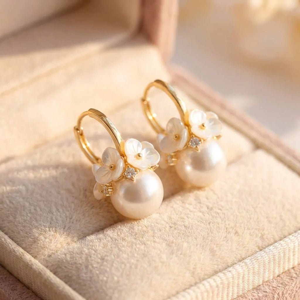 Vintage Flower Pearl Ball Pendant Earrings