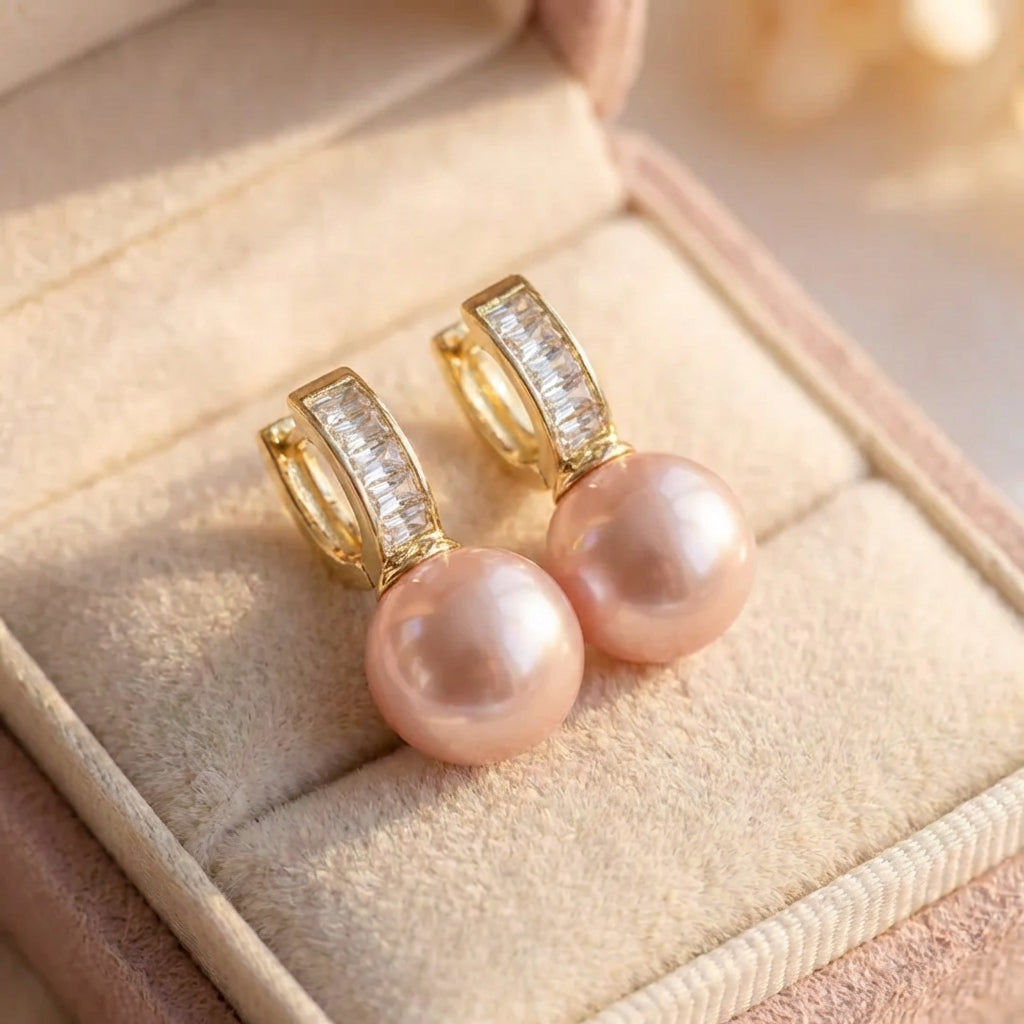 Pink Pearl Zirconia Gold Earrings