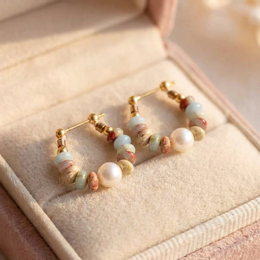 Natural Stone Beaded Pearl Earrings