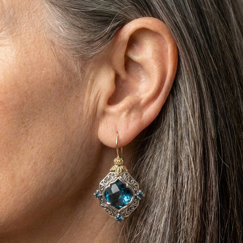 Vintage Blue Crystal Gold Earrings