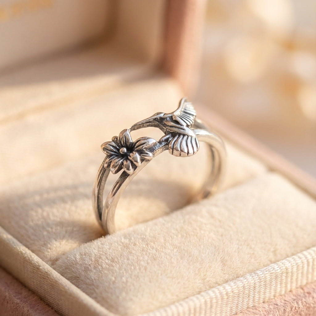 Vintage Hummingbird Flower Silver Ring
