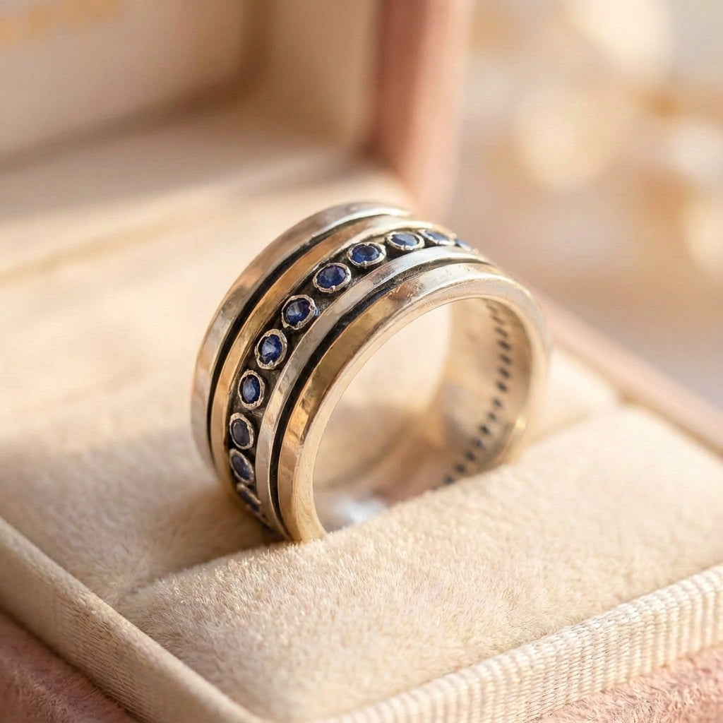 Vintage Inlaid Blue Stones Gold & Silver Ring