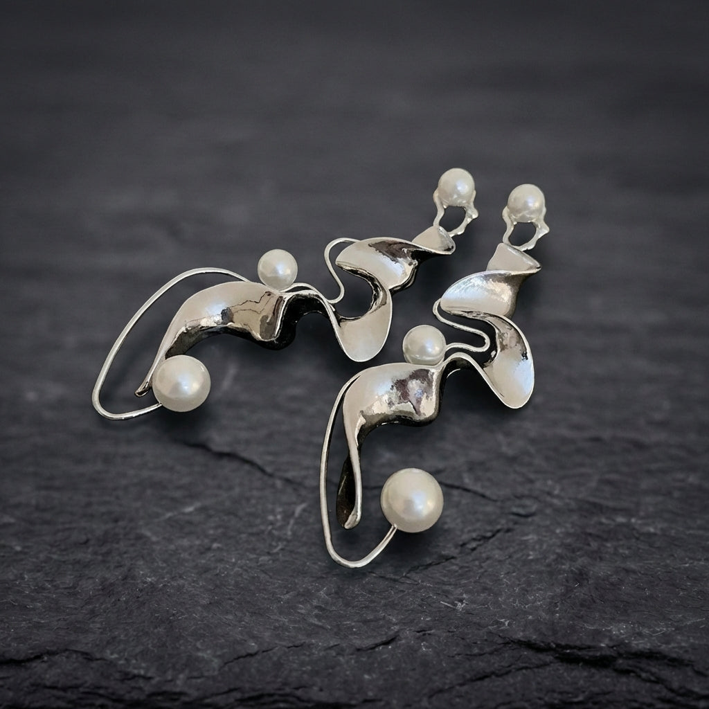 Vintage Pearl Abstract Silver Earrings