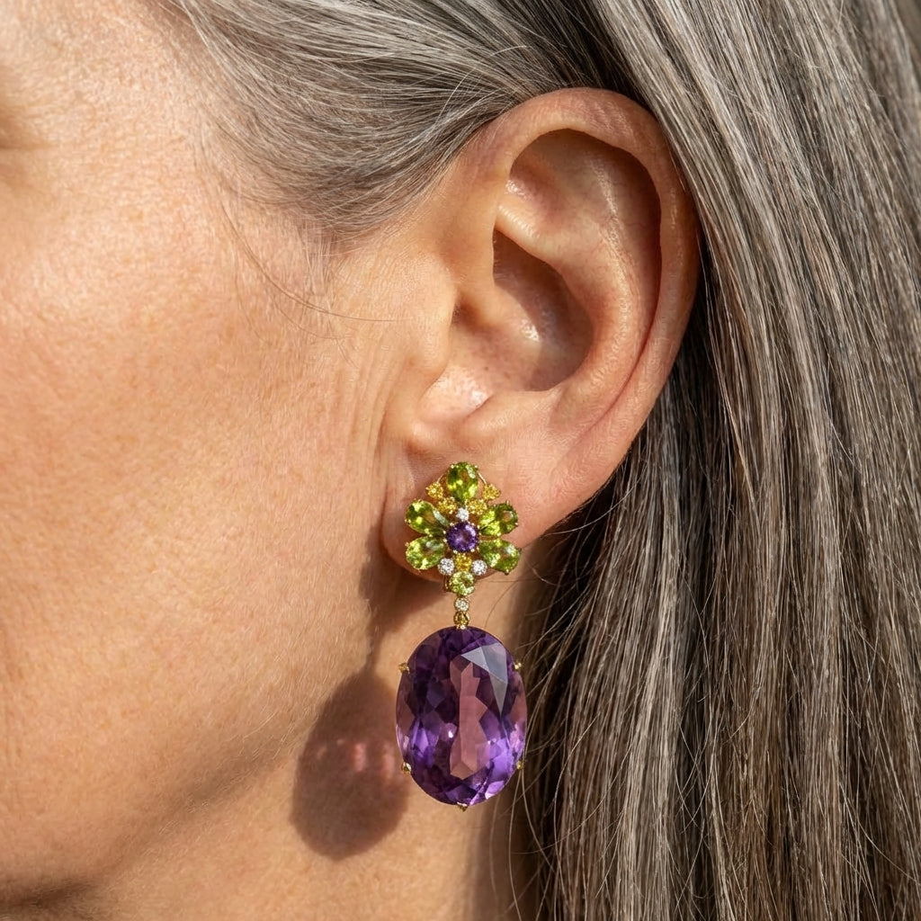 Vintage Purple Glass Green Earrings