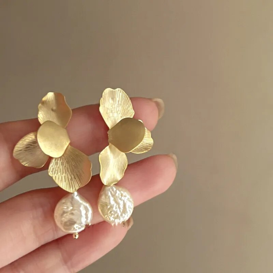 Golden Petal Baroque Pearl Earrings
