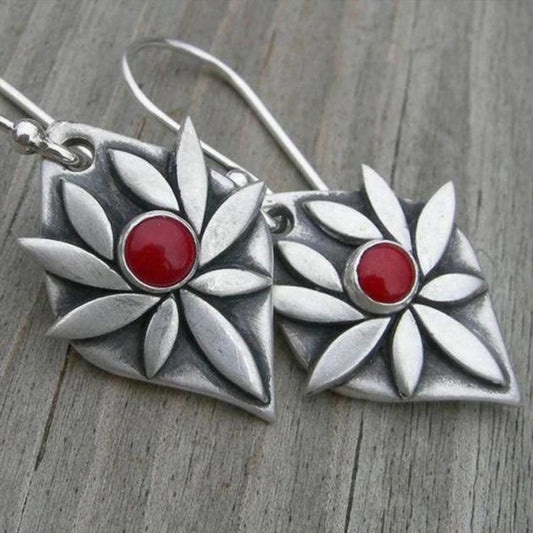 Flower With Red Zirconia Silver Earrings
