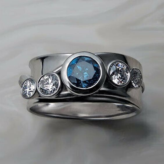 Inlaid Blue Rounded Glass Silver Ring