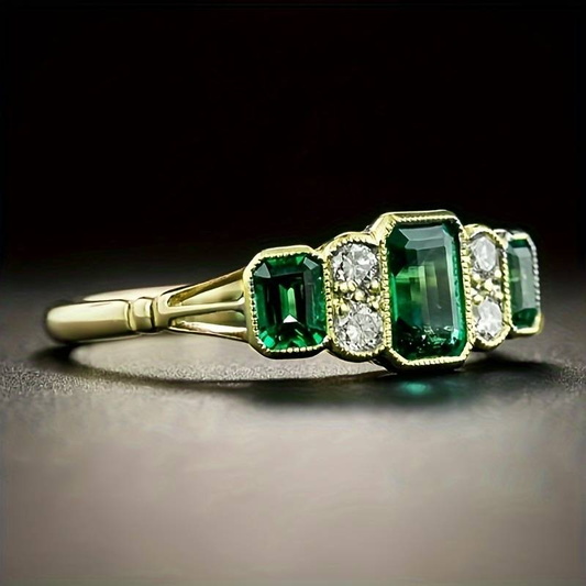 Green Glass & Zirconia Gold Ring