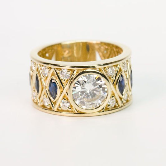 Vintage Golden Blue & White Crystal Ring