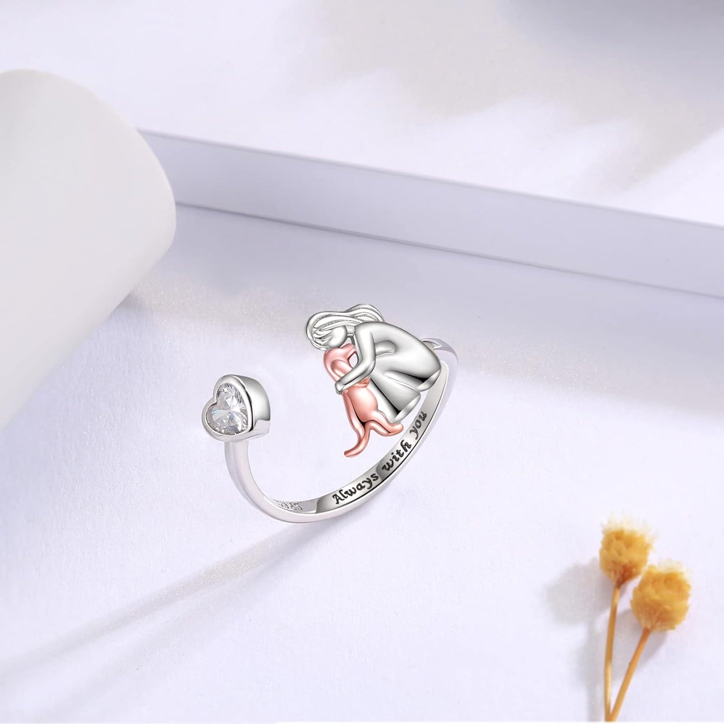 Adjustable Dog Ring In 925 Sterling Silver – “Always In My Heart” With Zirconia