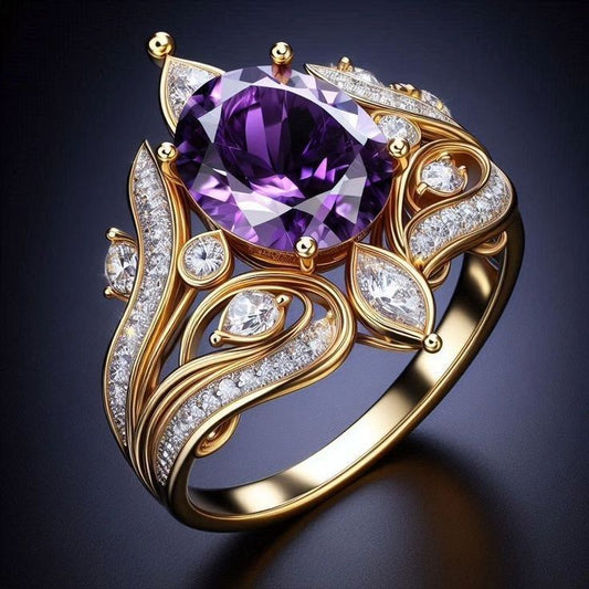 Exotic Violet Rounded Crystal Gold Ring