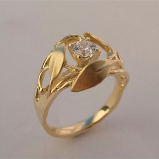 Golden Leaf Solitaire Ring