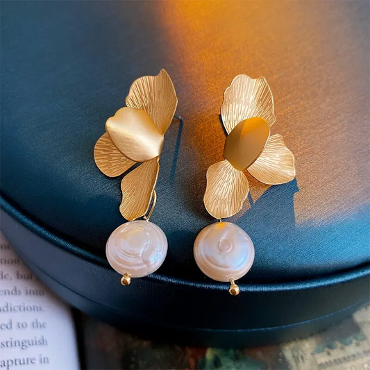 Gold Petal Pearl Earrings