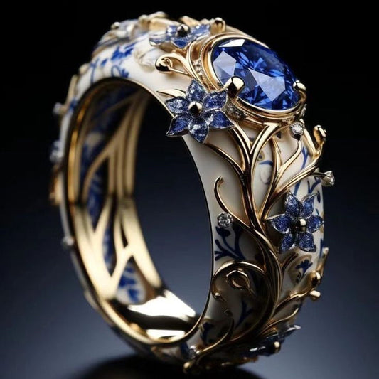 Exotic White & Blue Enamel Floral Ring