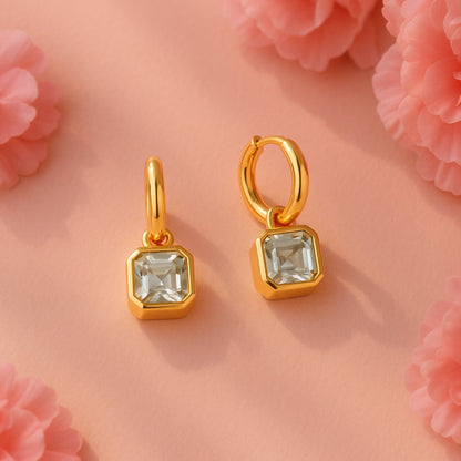 Green Amethyst Drop Hoop Gold Earrings