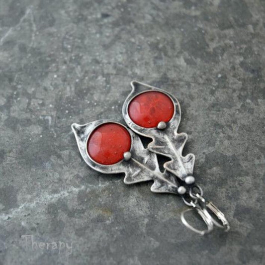 Red Stone Leaf Earrings