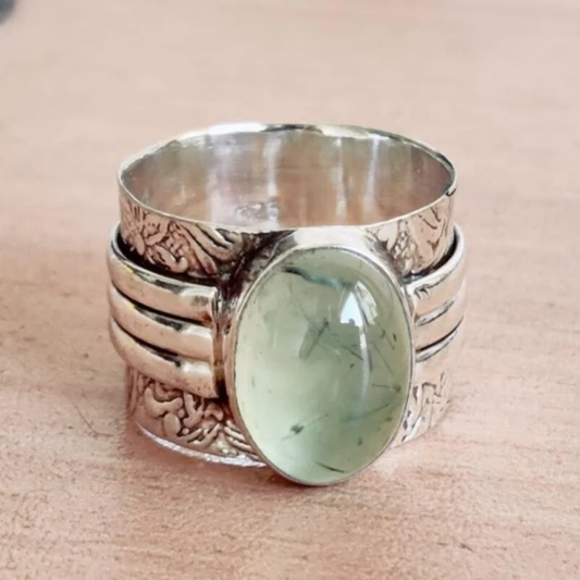 Green Glass Silver Ring