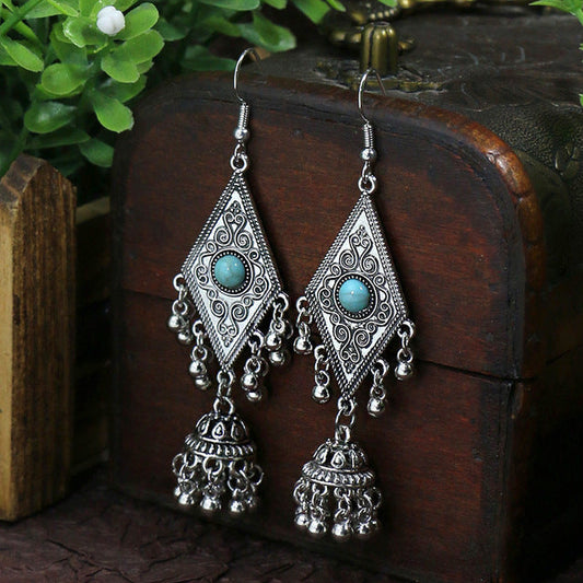 Silver Opal Eye With Bells Earrings