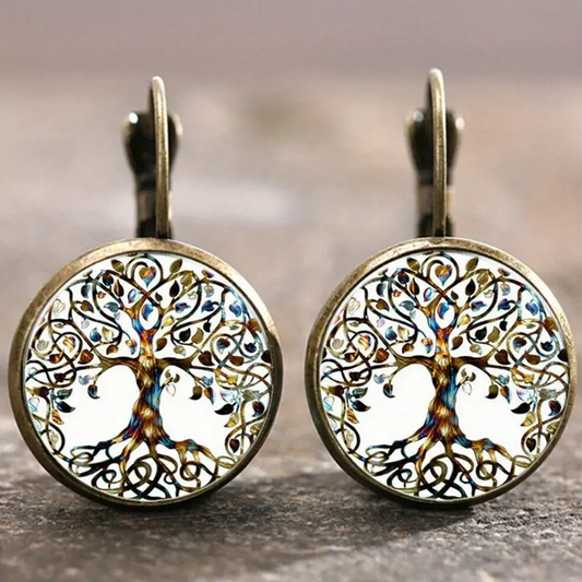 White Rounded Tree of Life Earrings