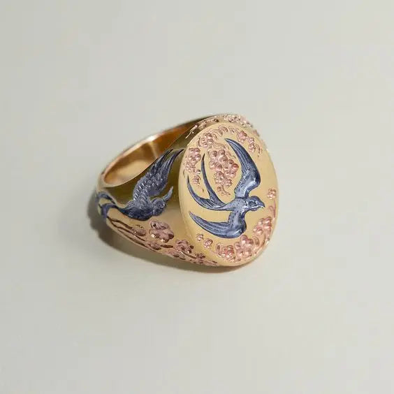 Vintage Blue Hummingbird Ring In Gold