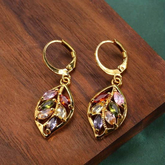 Golden Leaf Colorful Zirconia Earrings
