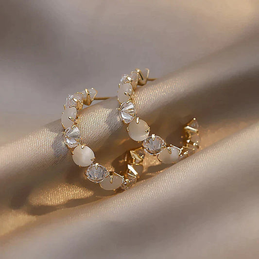 White Opal and Crystal Earrings in Gold