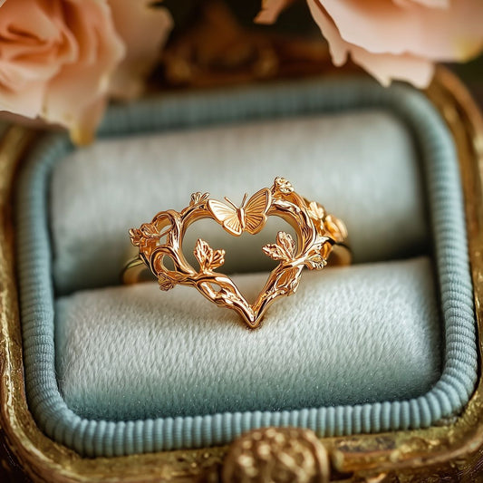 Exotic Heart Butterfly Gold Ring