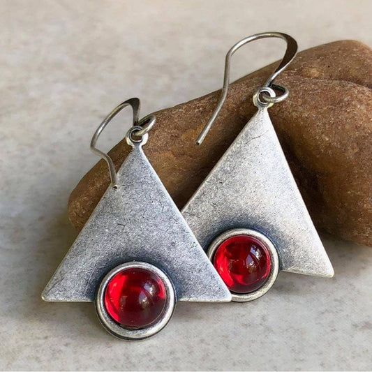 Triangle Earrings With Red Stones in Silver