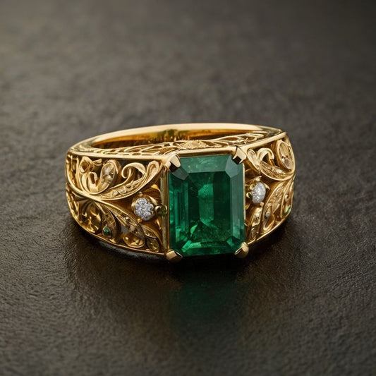 Exotic Green Rectangular Crystal Hollow Gold Ring