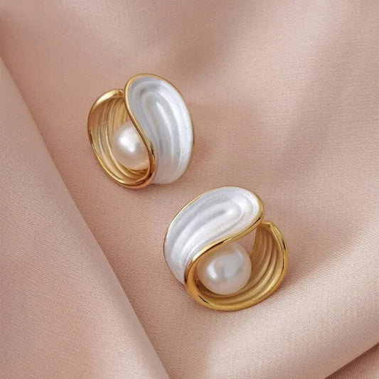 White Opal Earrings With Pearls in Gold