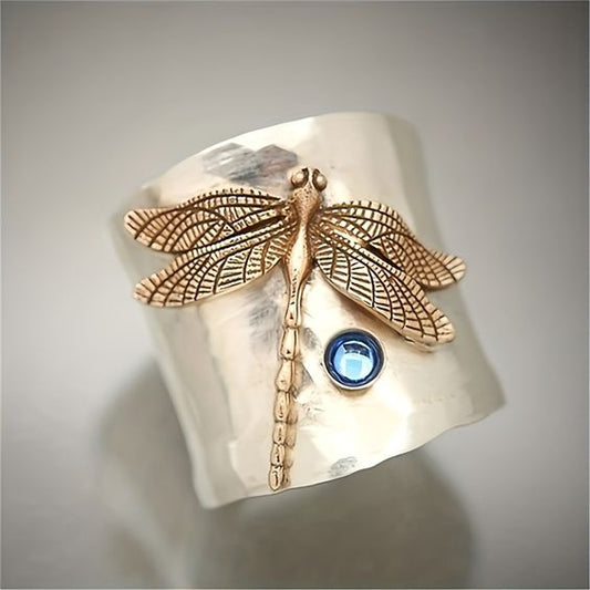 Golden Dragonfly Silver Ring