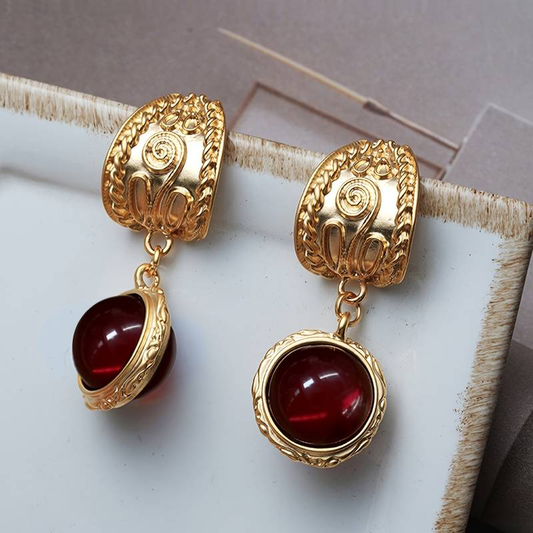 Red Inlaid Stone Golden Earrings