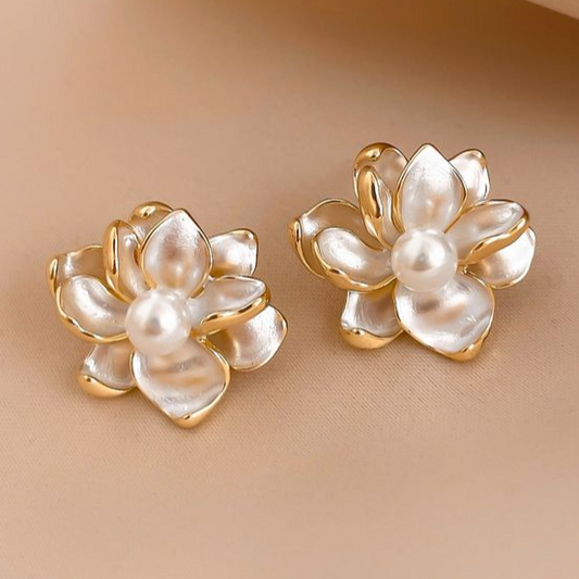 White Enamel Flower Pearl Earrings