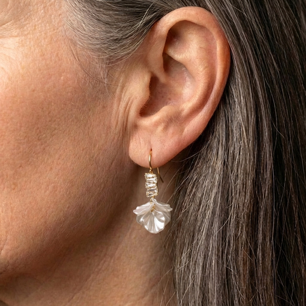 Gold Petal Earrings in White