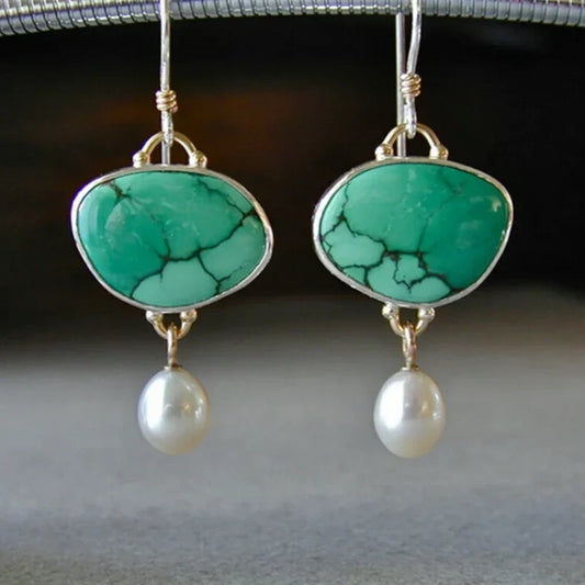 Turquoise Stone Pearl Earrings