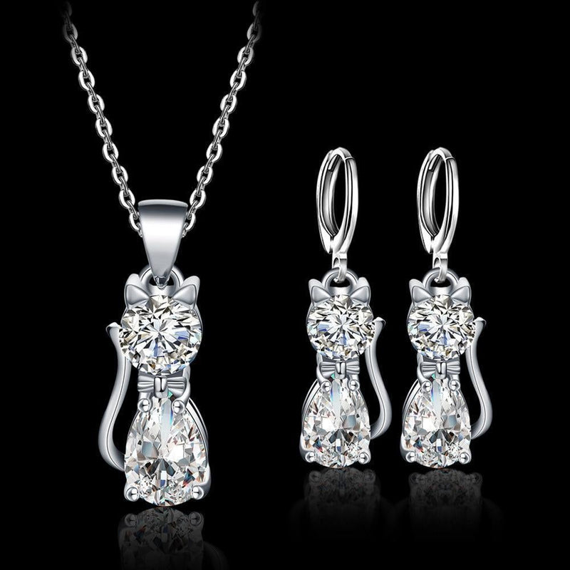 Set Necklace + Earrings Happy Cats In Sterling Silver And Polished White Zirconium