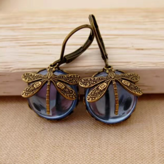Crystal Dragonfly Earrings in Antique Gold