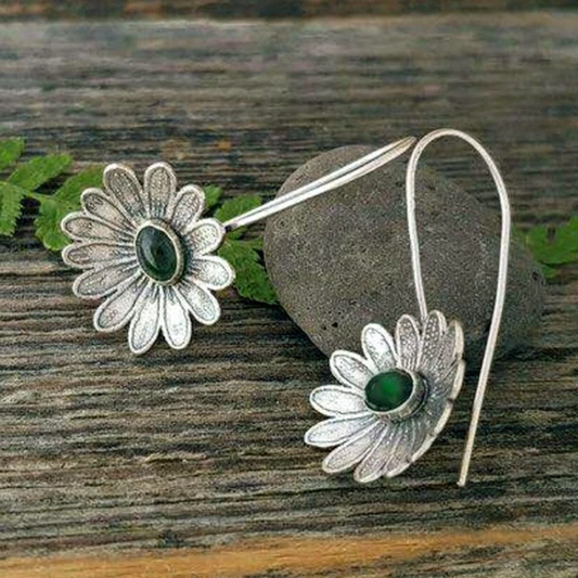 Silver Flower With Green Stone Earrings