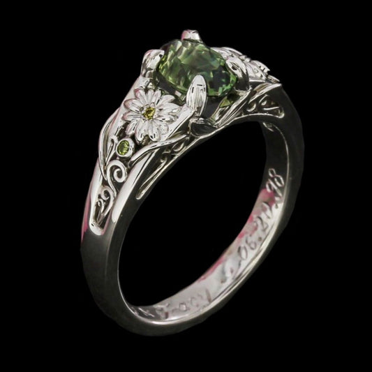 Green Nature Crystal Flower Silver Ring