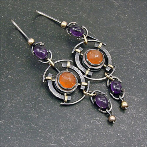 Purple & Orange Crystals Silver Earrings