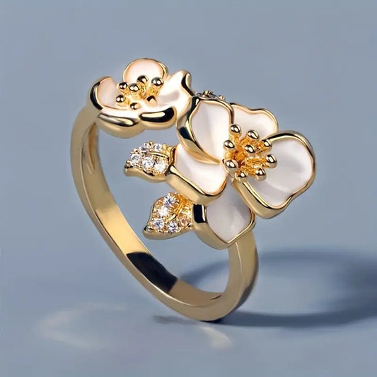 White Enamel Flower Gold Ring