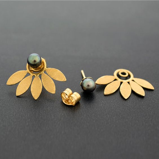 Golden Leaf Dark Pearl Earrings