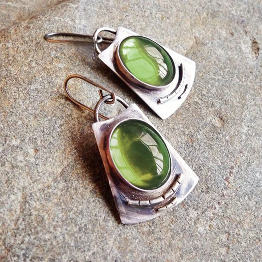 Green Inlaid Glass Silver Earrings