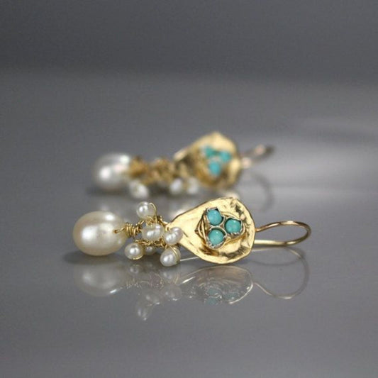 Golden Blue Stones & Pearl Earrings