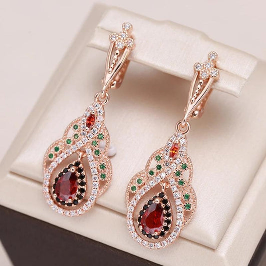 Red Mandala Earrings With Zirconia in Gold