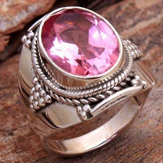Pink Crystal Silver Ring