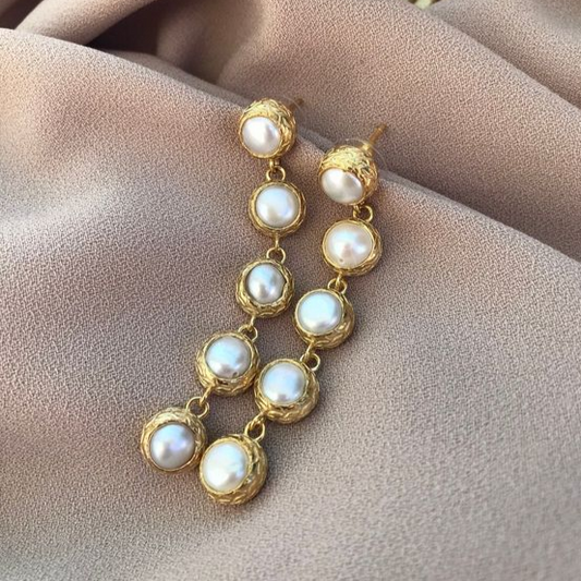 Golden Inlaid Pearl Dangling Earrings