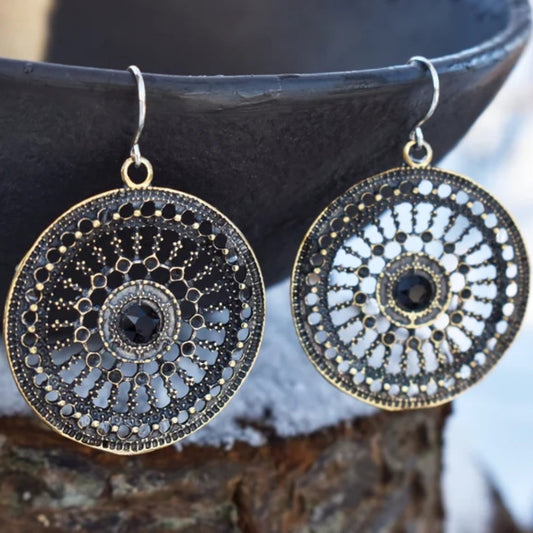 Round Mandala Blue Zirconia Earrings