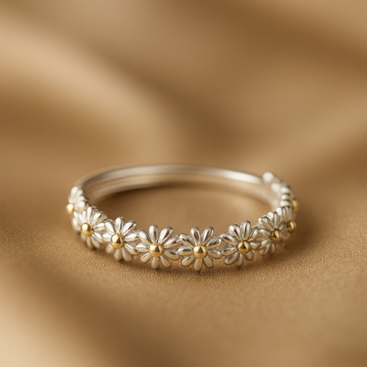 Hand-painted Silver Daisy Ring